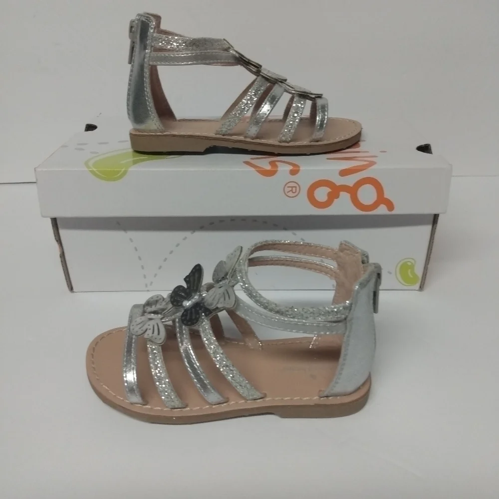 ToddlerJumping Beans Toddler Sandals, sz 8, Silver, Butterfly accents, Back zip…